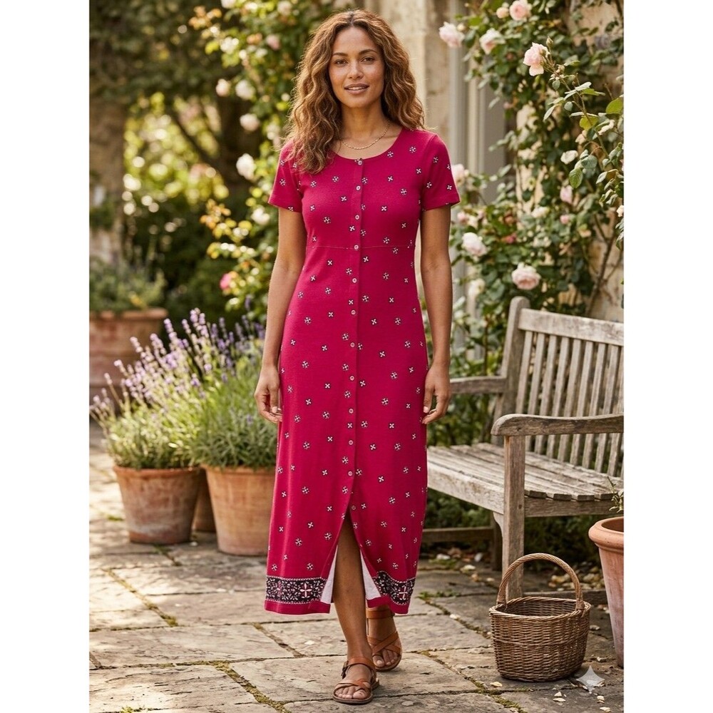Vintage 90s Crazy Horse Red Cotton Floral Paisley Button Front Maxi Dress   M